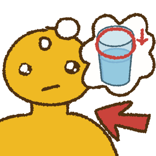 a person with a red arrow pointing at them and a thought bubble above their head. Inside the thought bubble is a half full glass of water. The empty space at the top of the glass is circled in red and there’s a red arrow pointing down.